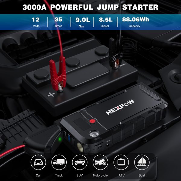 NEXPOW Battery Jump Starter   3000A Peak 23800mAH Car Jump Starter (up to 9.0L Gas or 8.5L Diesel Engine)   12V Portable Battery Booster with LCD Display