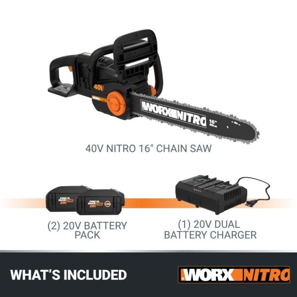 WORX NITRO POWER SHARE 40-volt 16-in Brushless Battery 4 Ah Chainsaw (Battery and Charger Included)
