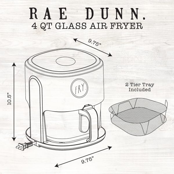 Rae Dunn 1200W 4Qt Air Fryer with GLASS Frying Basket, Dishwasher Safe, 2 Tier Tray, 60 Minute Timer, Cream