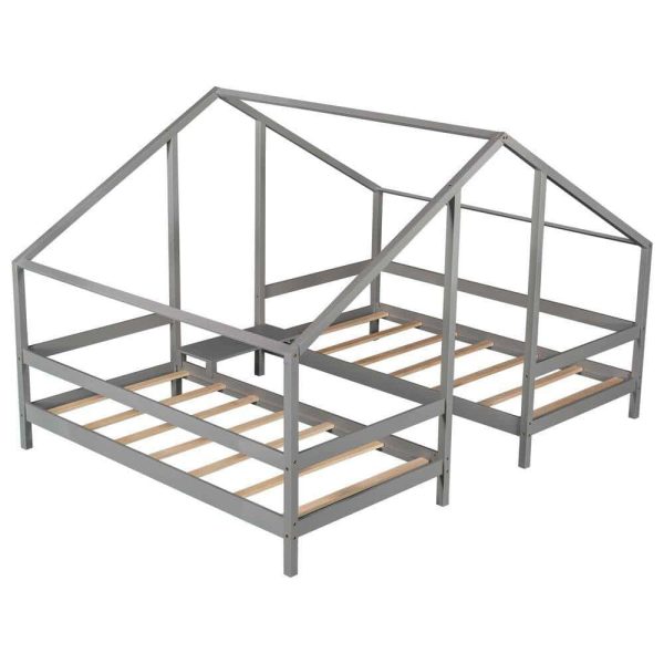 Bright Designs  Gray Twin Size Double Triangular House Beds with Built-in Table