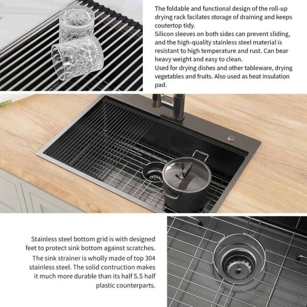 32 in Drop-In Single Bowl 18 Gauge Gunmetal Black Stainless Steel Workstation Kitchen Sink with Black Spring Neck Faucet