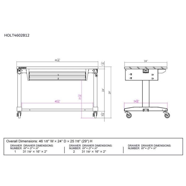 HOLT4602BJ2 46 in. Adjustable Height Work Table with 2-Drawers in White