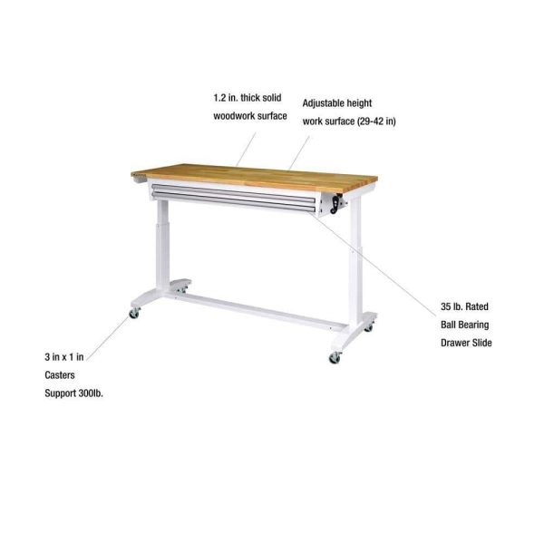 52 in. W x 24 in. D Steel 2-Drawer Adjustable Height Solid Wood Top Workbench Table in White