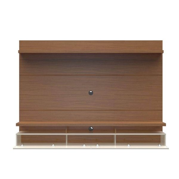 Manhattan Comfort City 87 in. Off-White and Maple Cream Composite Floating Entertainment Center Fits TVs Up to 80 in. with Wall Panel