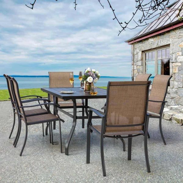 7-Pieces Rust-Free Metal Outdoor Patio Dining Set with 6 Textilene Dining Chairs and Rectangular Dining Table