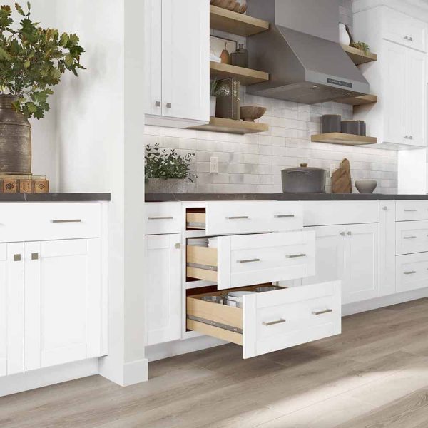 Bay Shaker 30 in. W x 24 in. D x 34.5 in. H Assembled Drawer Base Kitchen Cabinet in Satin White with Full Extension Glides